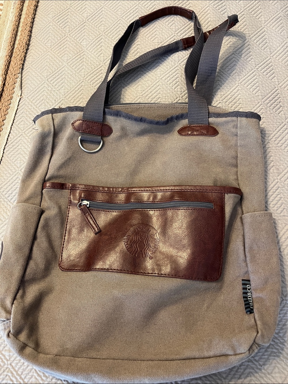 Starbucks Taupe Canvas Laptop Bag with Brown Leather Pocket
